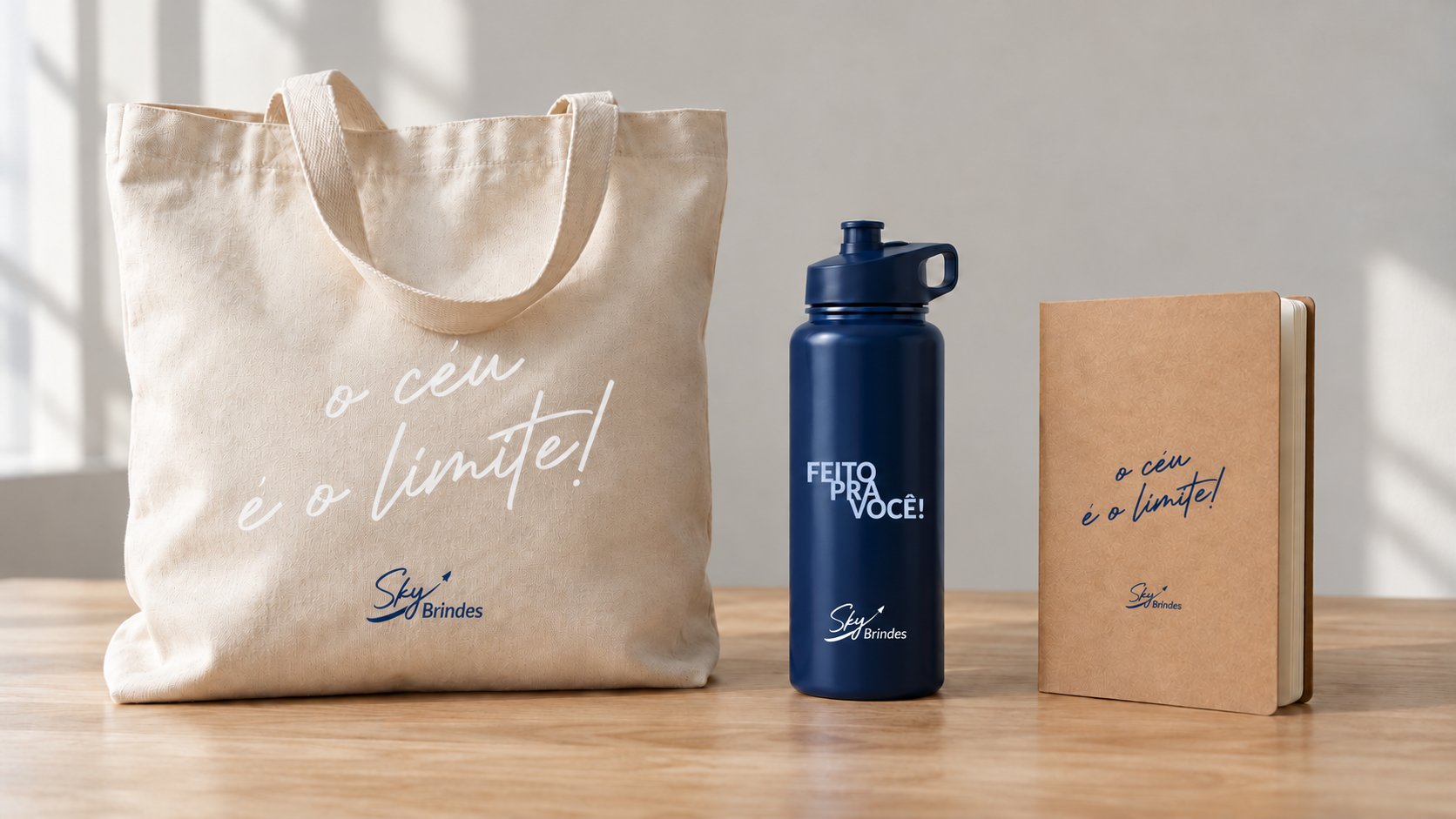 Kit de brindes com gravação em silk-screen: ecobag, squeeze azul-marinho e caderno kraft com a marca Sky Brindes