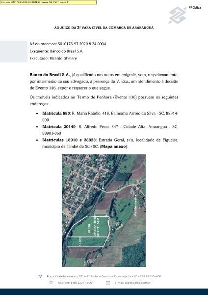 2ª PRAÇA: TERRENO RURAL ÁREA 38.000,00m², CULTIVO, localizado em Timbé Do Sul - SC