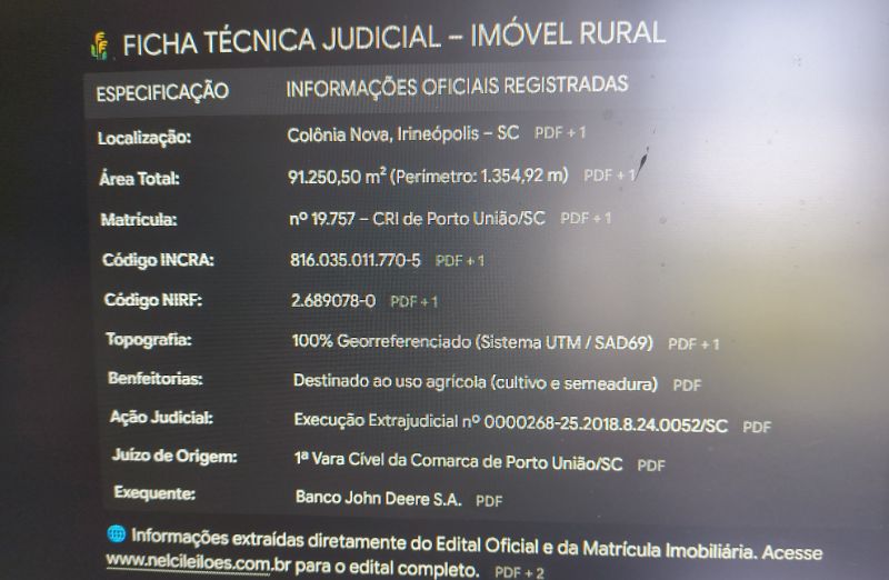 1ª praça: terreno rural cultivo, área 91.250,50m²