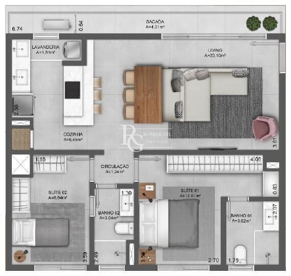 Apartamento à venda com 2 quartos, 74m² - Foto 3