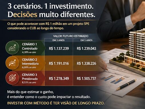 R$ 1 milhão em um projeto SPE: o que muda em 3 e 5 anos com o CUB em cenários diferentes