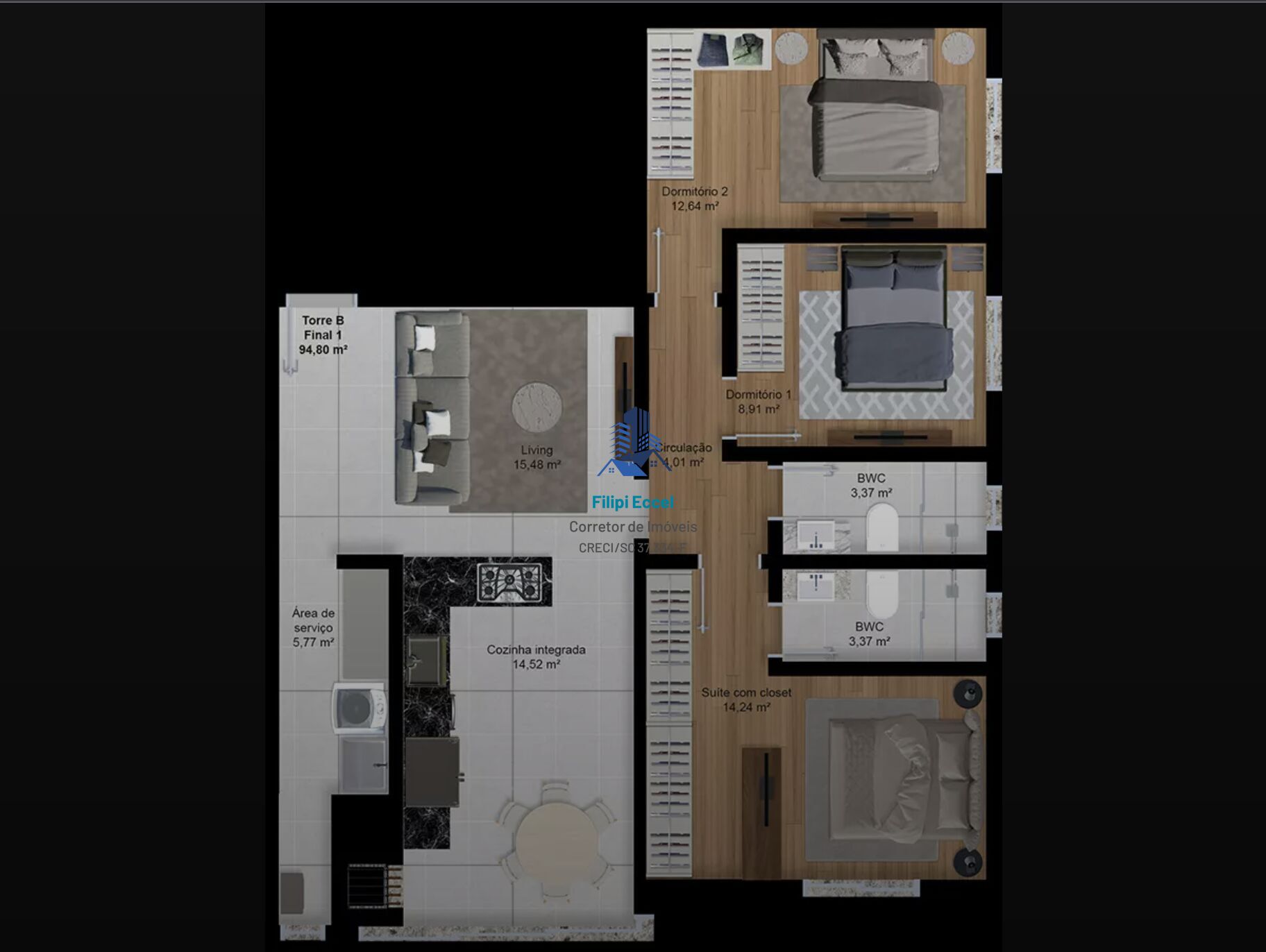 Apartamento de 3 quartos, 94m² no bairro Souza Cruz, em Brusque | Eu Corretor