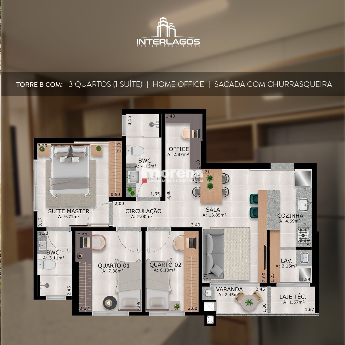 Planta do apartamento de 3 quartos com suíte e home office