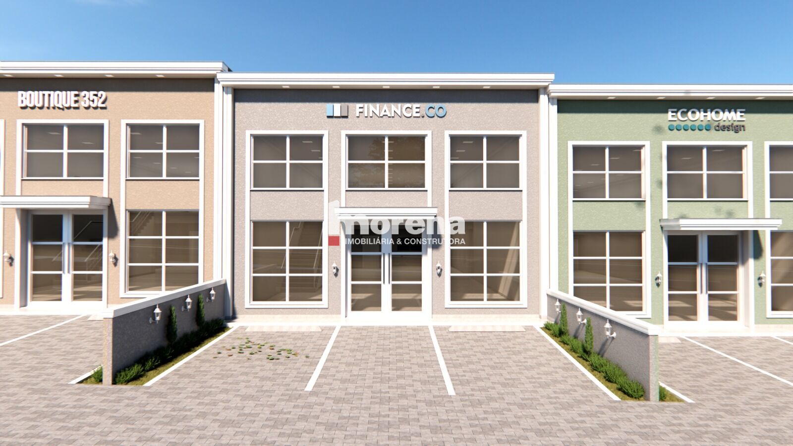 Fachada frontal da sala comercial com pé-direito duplo