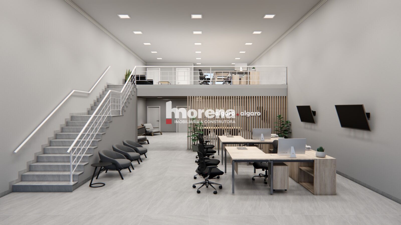 Interior com mezanino e pé-direito duplo