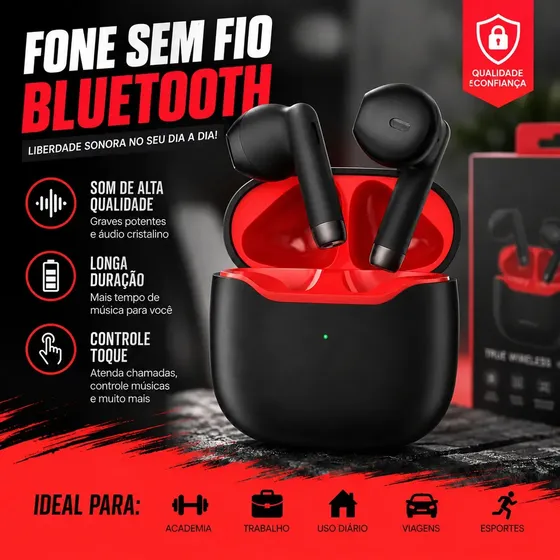 Fone de Ouvido B Basto BB-022 In-ear Sem Fio Bluetooth TWS com Microfone e Estojo de Carregamento