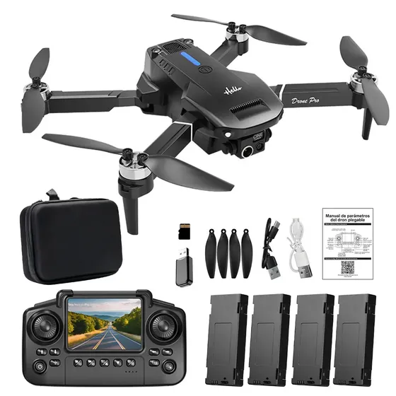 Mini Drone E77 Air com 2 Câmera, 4 Baterias, Tela de 2,4 Polegadas, Controle Remoto e Protetor de Hélices Preto