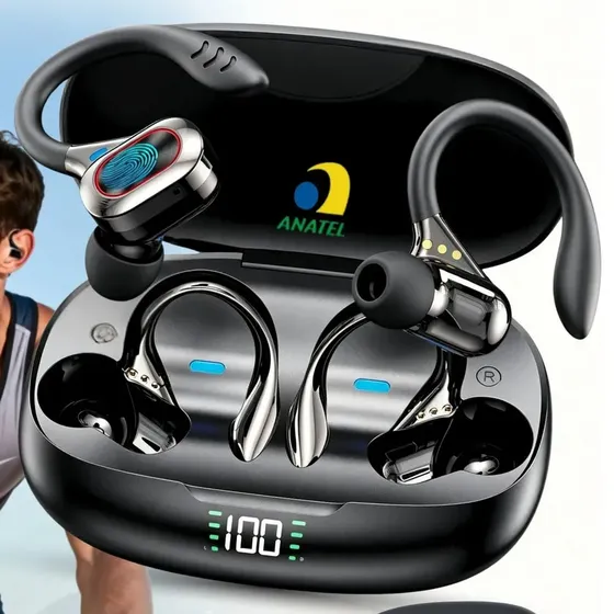 Fone de Ouvido JSKJ S730 TWS Bluetooth Esportivo com Microfone e Gancho Preto Fone de Ouvido JSKJ S730 TWS Bluetooth Esportivo com Microfone e Gancho Preto
