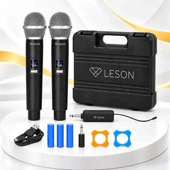 Microfone Sem Fio Duplo Leson Air Pro 2 Recarregável P10 6,35mm Com Maleta 3 Baterias USB-C Para Igreja Karaokê Palestra Evento Caixa Amplificada Mesa de Som Apresentação Professor Culto Eventos Show