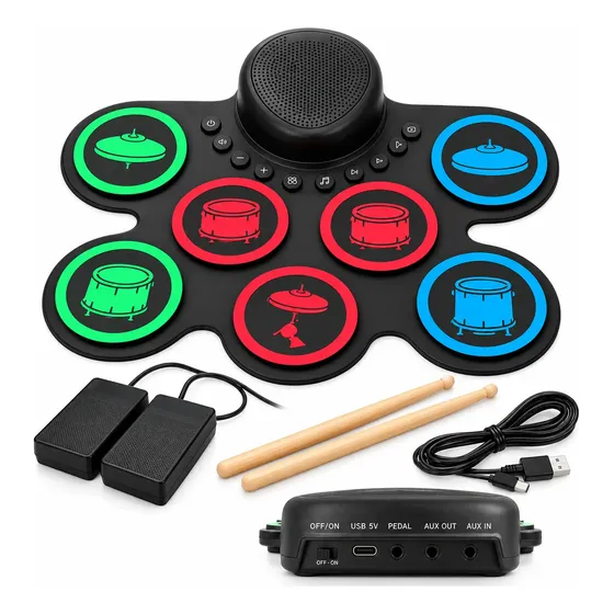 Bateria Eletrônica Portátil 7 Pads Recarregável Com Pedal