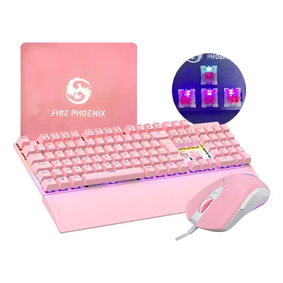 Kit Teclado Mouse Mecânico Abnt2 Gamer Rgb Switch Red Bk-06