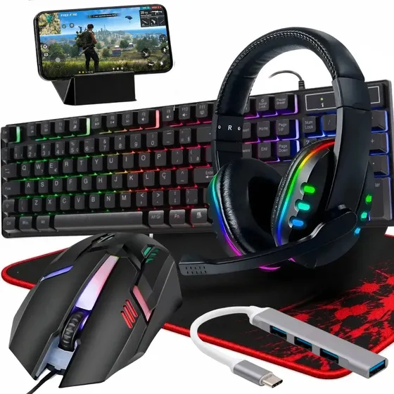 Kit Mobilador Gamer Com Mouse Teclado Led Rgb Headset Tipo C