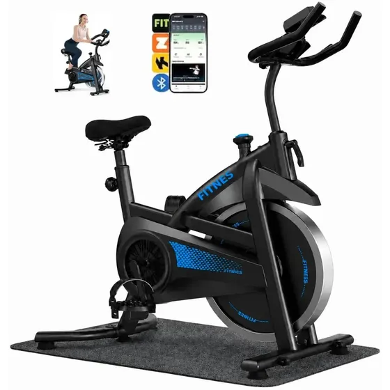 Bicicleta Ergométrica Spinning Profissional Vaceli Bluetooth App Volante 12kg Suporta 150kg Monitor LCD Sensor Cardíaco Pedal Antiderrapante Silenciosa Resistência Ajustável Tapete Incluso Azul