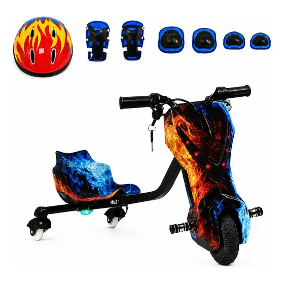 Triciclo Elétrico Drift Infantil e Adulto Carrinho Rolimã Elétrico Scooter Elétrica 3 Rodas Bateria de Lítio 36V Até 15 km/h com Bluetooth e Luzes LED FireWater Kizumba