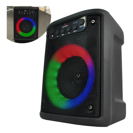 Caixa de Som Bluetooth Portátil com LED RGB Rádio FM USB Preta Caixa de Som Bluetooth Portátil com LED RGB Rádio FM USB Preta
