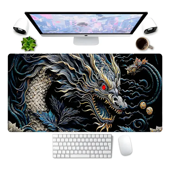 Mouse Pad Dragão 70x30cm Chinês Azul Premium Grande