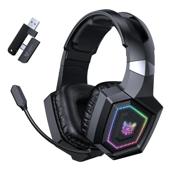Headset Gamer Fones de ouvido jogos sem fio Onikuma GT806 pretos luz LED Wireless 2.4GHz Bluetooth 5.3 P3 RGB Microfone Compatível PS5 PS4 Xbox Switch PC Notebook Celular Fone Ouvido Baixa Latência