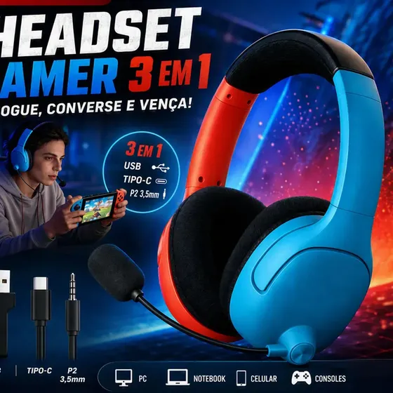 Headphone Gamer OLAFVI Commader100 Sem Fio Bluetooth 5.3 e 2.4GHz com Microfone para PS5, Xbox e PC