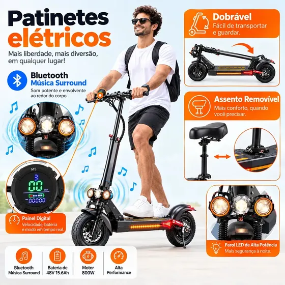 JAGUARIDE Patinete Elétrico M4 800W Velocidade Máxima Até 42 Km/h Com Assento Ajustável e Bluetooth Para Adultos Preto/laranja