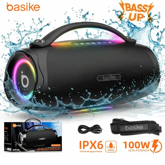 Caixa de Som Bluetooth Basike BA RAD179 100W Portátil com TWS, LED RGB e IPX6