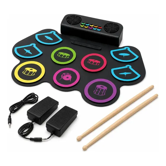 Bateria Eletrônica Portátil 9 Pads Com Baquetas E Pedais