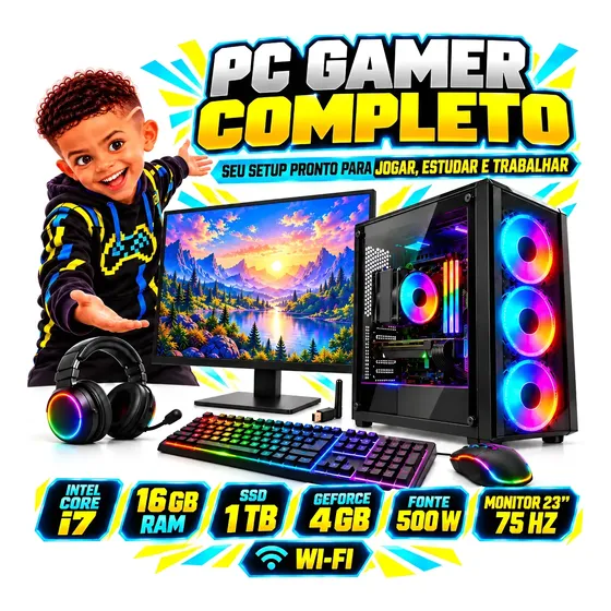 Pc Gamer Completo I7 16gb Ssd 1tb Placa Video 4gb Monitor 23