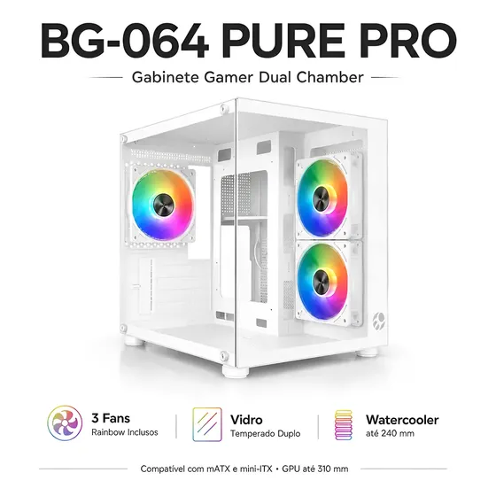Gabinete Gamer Aquario Com Vidro Com 3 Fans Bg-064 Pure Pro