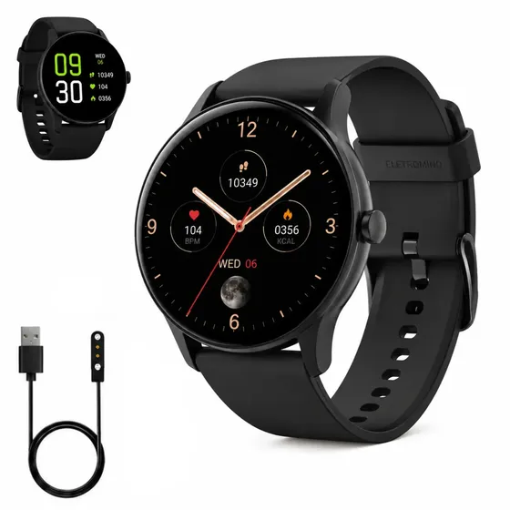 Smartwatch Inteligente Relógio À Prova Dágua Ip68 Bluetooth Resistente Agua Chamadas Redondo Monitoramento Sono Saúde Esporte Preto Eletromind