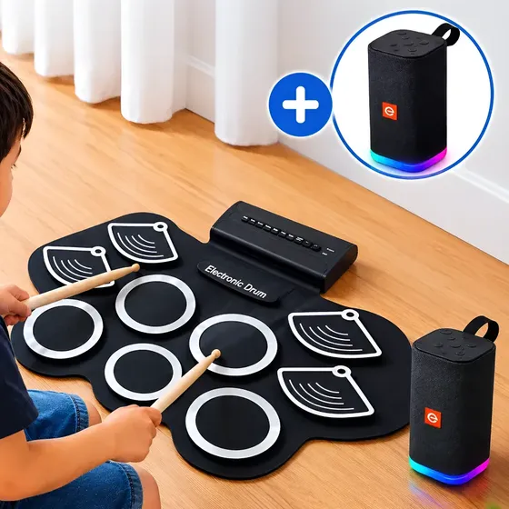 Bateria Eletrônica Portátil + Pedal + Baqueta + Caixa De Som