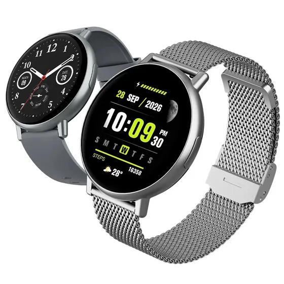Smartwatch Forestory R1 de Liga de Alumínio Prata com Chamadas, para Android e iOS e 2 Pulseiras