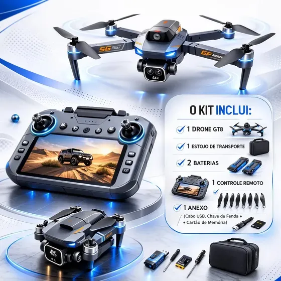 Drone GT8 Max 4K Ultra HD Fpv 5G Dobrável Controle Com Tela + 2 Baterias