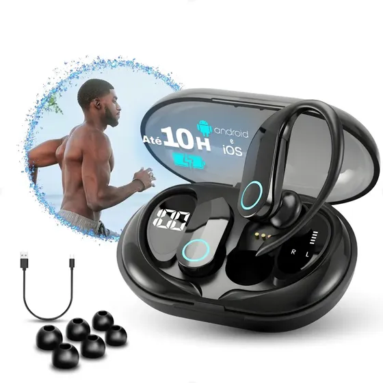 Fone de Ouvido Bluetooth 5.3 Tws Sem Fio Esportivo Compatível Com iPhone Samsung Xiaomi Motorola Com Gancho Premium Preto
