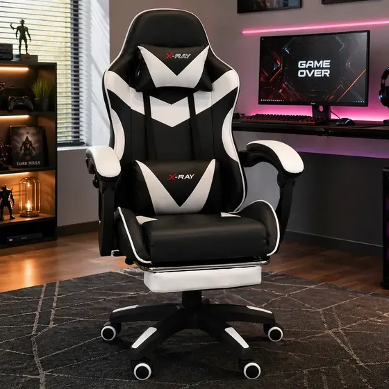 Cadeira Gamer X-ray Ergonomica Estofado De Couro Sintético Cor Branco