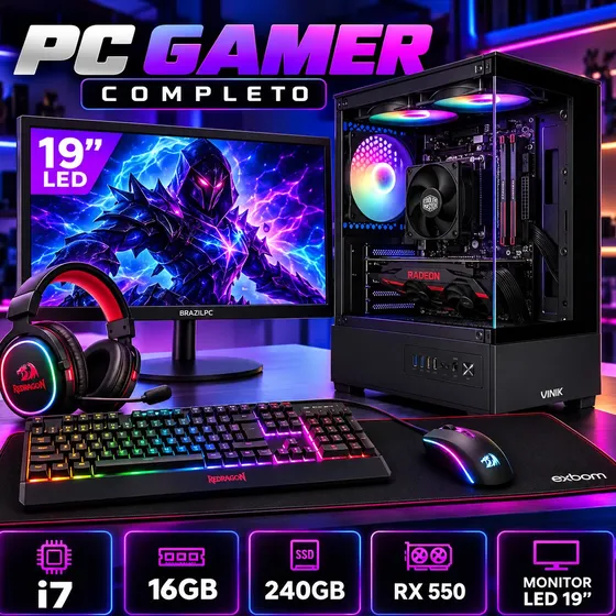 Pc Gamer Completo I7 + Monitor + Rx 550 + 16gb + Ssd 240gb