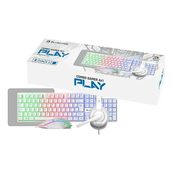 Kit Gamer Bluecase 4 em 1 com Teclado, Mouse Óptico, Headset e Mousepad Branco