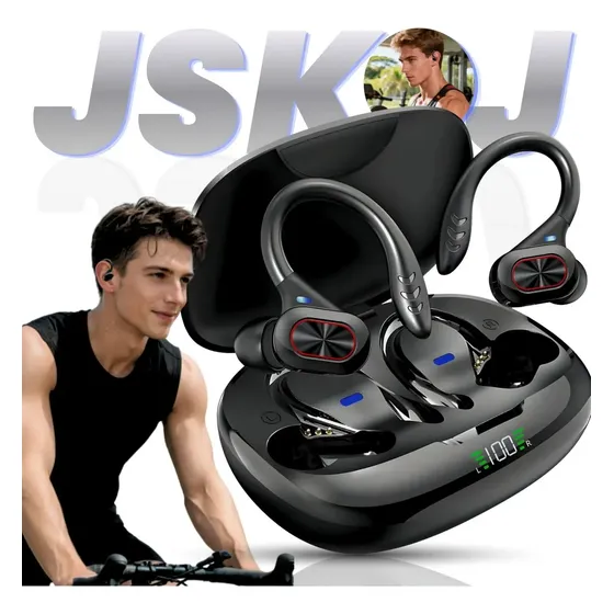 Fone de Ouvido JSKJ RE-S730-3 Sem Fio Esportivo TWS Bluetooth 5.4 Com Gancho Para Academia e Corrida Preto