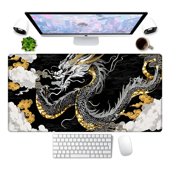 Mouse Pad Dragão 90x40cm Chinês Dourado Premium Grande