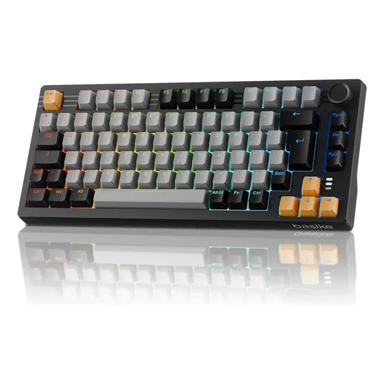 Teclado Mecânico Gamer Sem Fio Basike Abnt2 RGB, 75% 82 Teclas Bluetooth/Wireless/USB, Anti Ghosting Usb Teclado com Knob Programável para Pc Notebook Mac Ps4, Preto