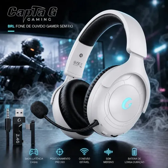 Fone De Ouvido Headset Gamer Sem Fio Olafvi CT01 Branco Som 7.1 Bluetooth 5.3 2.4g Microfone Cancelamento Ruído Pc Videogame Usb