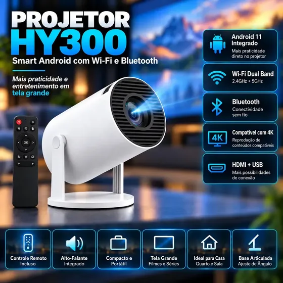 Mini Projetor Casenn HY300 LED com Android, Wi-Fi e Bluetooth