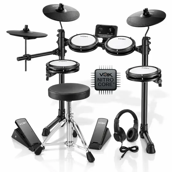Bateria Eletrônica Voik VIBE-600 Nitro Core MIDI USB 7 Peças Caixa Mesh 20 Kits Silenciosa Completa Com Banco + Fone + Baqueta Para Iniciantes E-DRUMS Series Cor Preto Bivolt 110v/220v