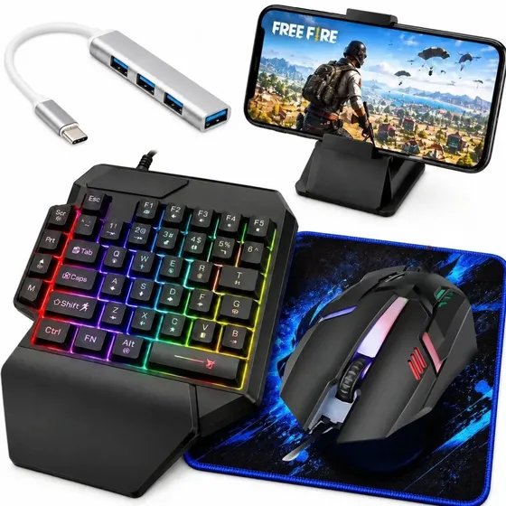 Kit Mobilador Gamer com Teclado de uma mão One Hand Led RGB Mouse Hub usb Tipo C Mouse Pad DT Eletro
