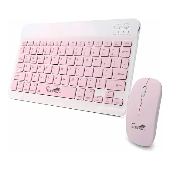 Kit Mini Teclado E Mouse Usb Bluetooth Sem Fio Para Tablet Notebook Recarregavel Rosa