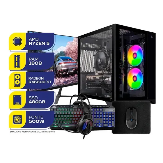PC Gamer Completo MCL, AMD Ryzen 5 5500, RX 5600 XT 6GB, 16GB DDR4, SSD 480GB, Combo de Periféricos + Monitor 23" 180Hz