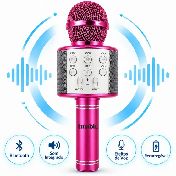 Microfone Karaokê Bluetooth Sem Fio Caixa de Som Recarregável USB Portátil Com Efeitos de Voz Cor Rosa Pink Tumblr