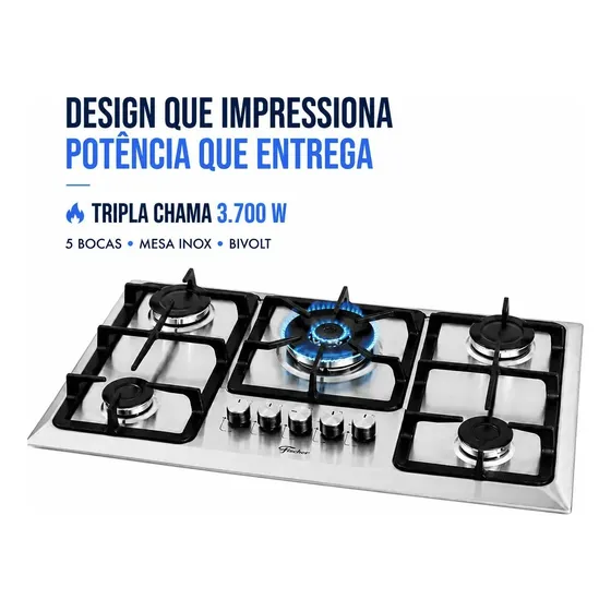 Cooktop A Gás Fischer 5 Bocas Tc Infinity Inox Tripla Chama