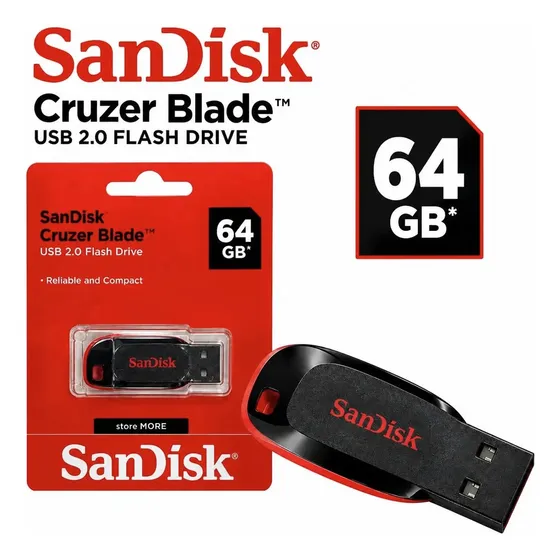 Pendrive Sandisk Cruzer Blade 64gb 2.0 Usb Preto E Vermelho