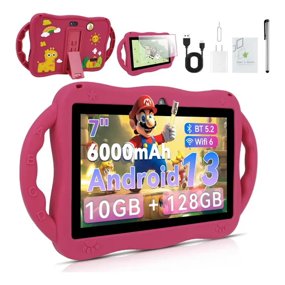 Tablet Infantil 7 128gb 10gb Ram Android 13 Rosa Com Capa