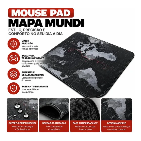 Mouse Pad Gamer Mapa Múndi Antiderrapante Base Emborrachada