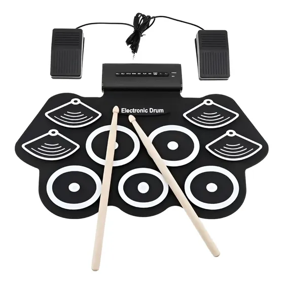 Bateria Eletrônica 9 Pads 7 Sons Dobrável + Pedais + Fone